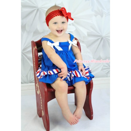 4th July Red White Royal Blue Striped Swing Top White Bow matching Red White Royal Blue Striped Panties Bloomers SP09